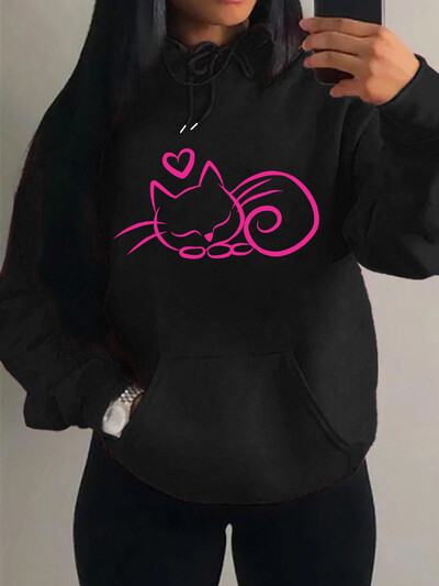 Mačka puže po vašim prsima i spava Hoodie s otisnutim kapuljačom Trendy Street Hoody Višebojni ležerni pulover Trendy Ženska majica od flisa