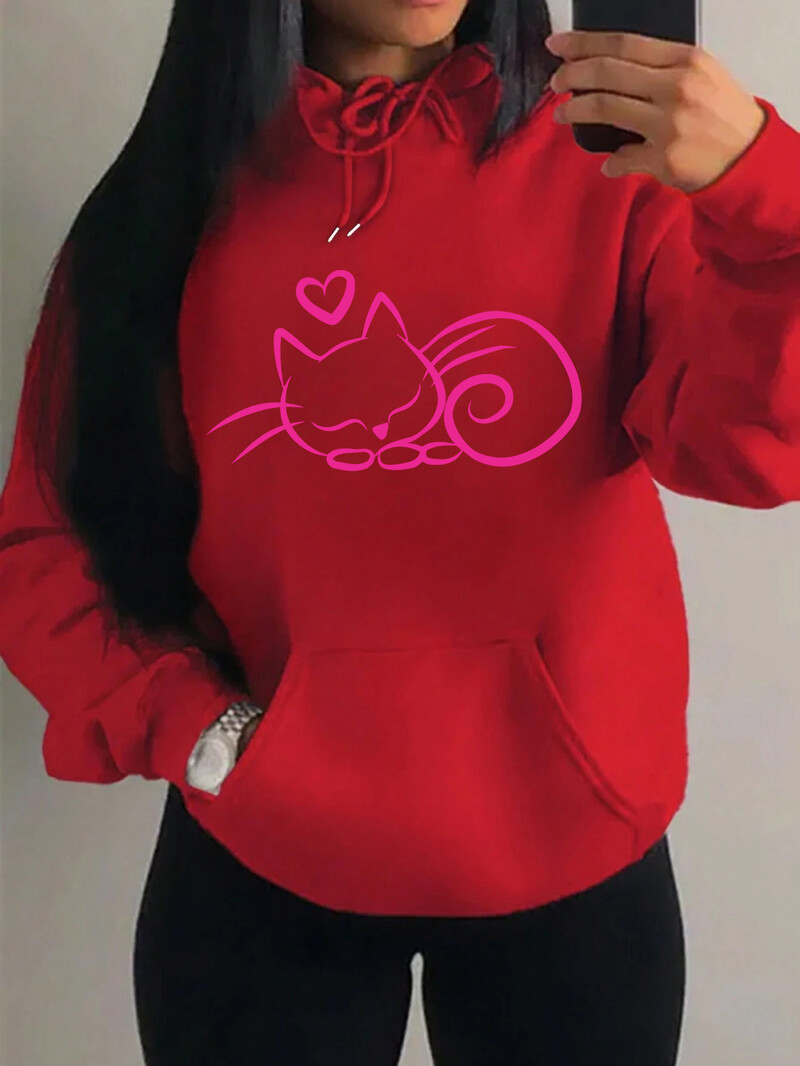 Mačka puže po vašim prsima i spava Hoodie s otisnutim kapuljačom Trendy Street Hoody Višebojni ležerni pulover Trendy Ženska majica od flisa