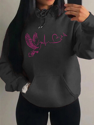 Ptičje srce s printom elektrokardiograma Ulična odjeća Ženska hip-hop topla majica s kapuljačom Jesenski pulover od flisa Udobna ženska odjeća s džepovima