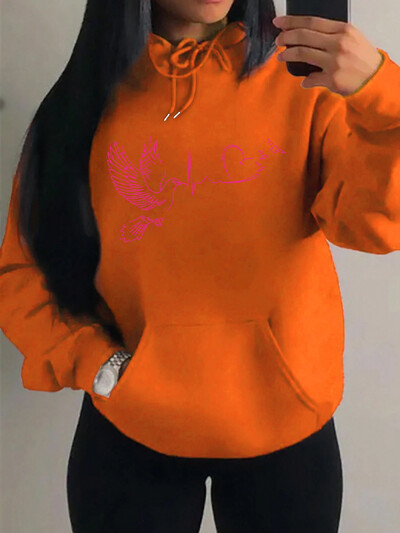 Ptičje srce s printom elektrokardiograma Ulična odjeća Ženska hip-hop topla majica s kapuljačom Jesenski pulover od flisa Udobna ženska odjeća s džepovima