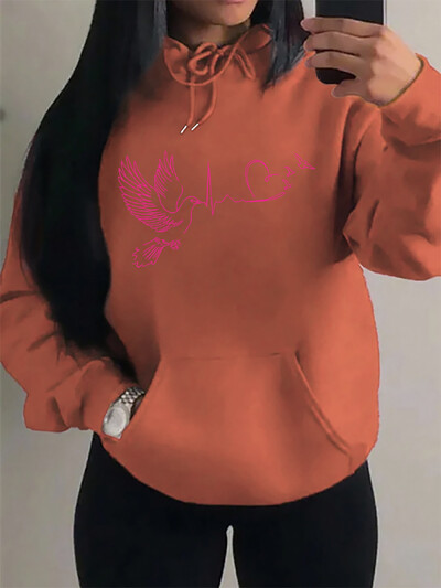 Ptičje srce s printom elektrokardiograma Ulična odjeća Ženska hip-hop topla majica s kapuljačom Jesenski pulover od flisa Udobna ženska odjeća s džepovima