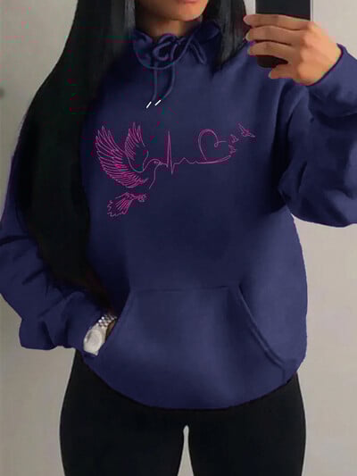 Ptičje srce s printom elektrokardiograma Ulična odjeća Ženska hip-hop topla majica s kapuljačom Jesenski pulover od flisa Udobna ženska odjeća s džepovima