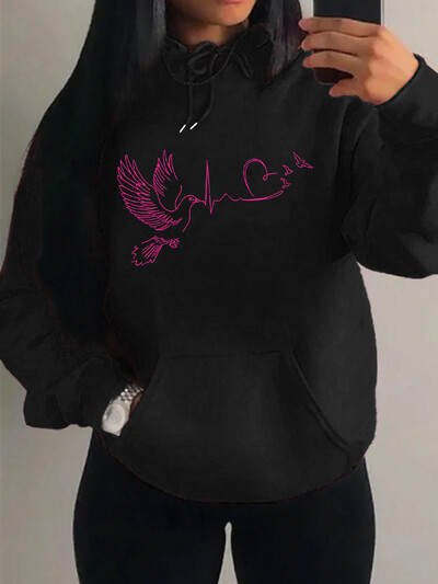 Ptičje srce s printom elektrokardiograma Ulična odjeća Ženska hip-hop topla majica s kapuljačom Jesenski pulover od flisa Udobna ženska odjeća s džepovima