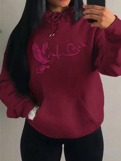 Ptičje srce s printom elektrokardiograma Ulična odjeća Ženska hip-hop topla majica s kapuljačom Jesenski pulover od flisa Udobna ženska odjeća s džepovima