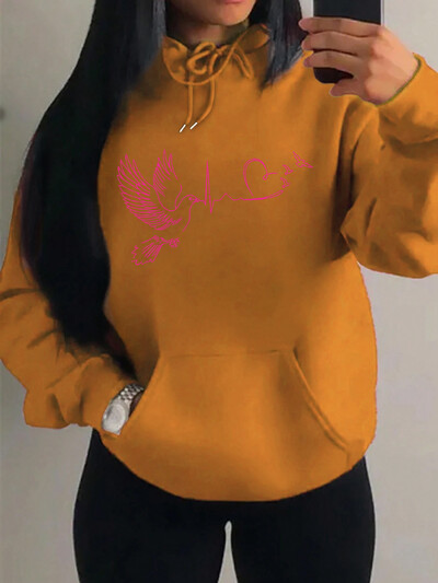 Ptičje srce s printom elektrokardiograma Ulična odjeća Ženska hip-hop topla majica s kapuljačom Jesenski pulover od flisa Udobna ženska odjeća s džepovima