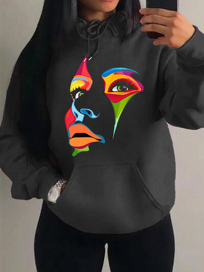Oslikano žensko lice Dizajn osobnosti Kreativni tisak Ulična odjeća Ženska majica s kapuljačom Kreativni stripovi Ležerna Nova odjeća Hip Hop majica s kapuljačom
