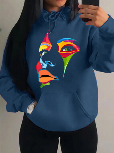 Oslikano žensko lice Dizajn osobnosti Kreativni tisak Ulična odjeća Ženska majica s kapuljačom Kreativni stripovi Ležerna Nova odjeća Hip Hop majica s kapuljačom