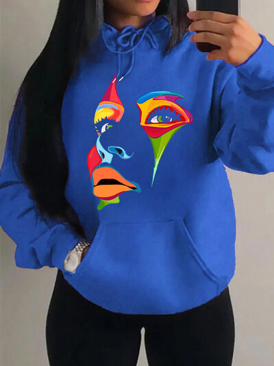 Oslikano žensko lice Dizajn osobnosti Kreativni tisak Ulična odjeća Ženska majica s kapuljačom Kreativni stripovi Ležerna Nova odjeća Hip Hop majica s kapuljačom