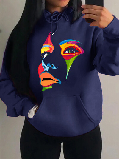 Oslikano žensko lice Dizajn osobnosti Kreativni tisak Ulična odjeća Ženska majica s kapuljačom Kreativni stripovi Ležerna Nova odjeća Hip Hop majica s kapuljačom