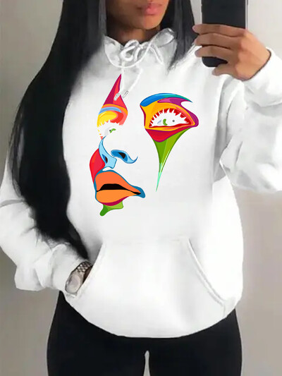 Oslikano žensko lice Dizajn osobnosti Kreativni tisak Ulična odjeća Ženska majica s kapuljačom Kreativni stripovi Ležerna Nova odjeća Hip Hop majica s kapuljačom