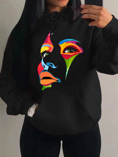 Oslikano žensko lice Dizajn osobnosti Kreativni tisak Ulična odjeća Ženska majica s kapuljačom Kreativni stripovi Ležerna Nova odjeća Hip Hop majica s kapuljačom