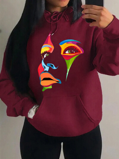 Oslikano žensko lice Dizajn osobnosti Kreativni tisak Ulična odjeća Ženska majica s kapuljačom Kreativni stripovi Ležerna Nova odjeća Hip Hop majica s kapuljačom