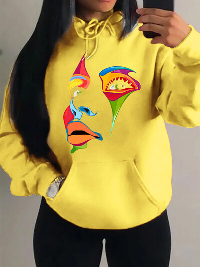 Oslikano žensko lice Dizajn osobnosti Kreativni tisak Ulična odjeća Ženska majica s kapuljačom Kreativni stripovi Ležerna Nova odjeća Hip Hop majica s kapuljačom