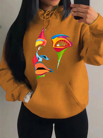 Oslikano žensko lice Dizajn osobnosti Kreativni tisak Ulična odjeća Ženska majica s kapuljačom Kreativni stripovi Ležerna Nova odjeća Hip Hop majica s kapuljačom