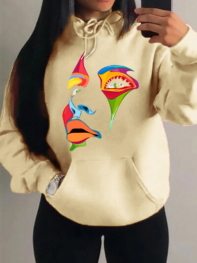 Oslikano žensko lice Dizajn osobnosti Kreativni tisak Ulična odjeća Ženska majica s kapuljačom Kreativni stripovi Ležerna Nova odjeća Hip Hop majica s kapuljačom