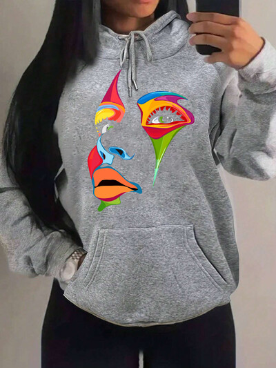 Oslikano žensko lice Dizajn osobnosti Kreativni tisak Ulična odjeća Ženska majica s kapuljačom Kreativni stripovi Ležerna Nova odjeća Hip Hop majica s kapuljačom