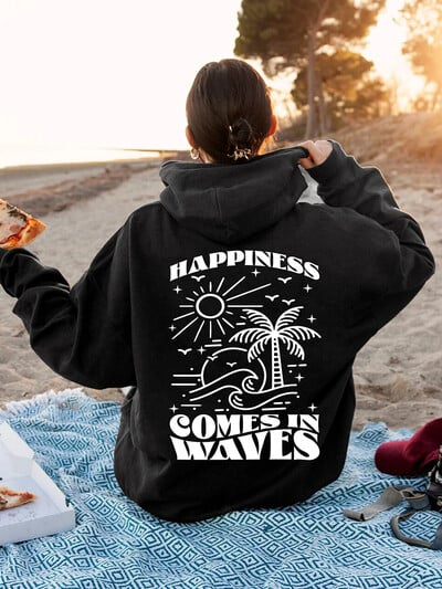 Happiness Comes In Wave Graphic Hoodies Дамски улични тенденции Персонализирани универсални широки удобни дамски дрехи с дълги ръкави
