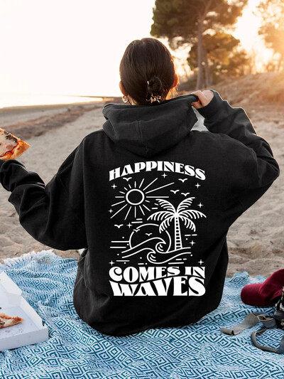 Laime nāk viļņos Grafiski kapuces Sieviešu Street Trend Personalizēts Daudzpusīgs, brīvs, ērts sieviešu apģērbs ar garām piedurknēm