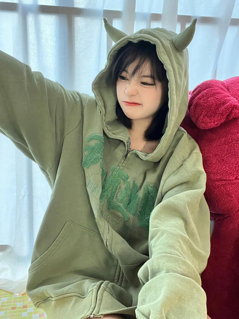 Γυναικείες ρετρό κουκούλες με φερμουάρ Μακρυμάνικο μπουφάν Casual μπλούζες με κουκούλα μεγάλου μεγέθους Y2k Streetwear για ζευγάρια γράμματα Devil Tops