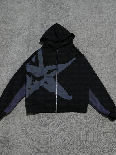Y2K, retro, gotic, imprimeu cu stea, hanorac negru, brand de modă, supradimensionat, ocazional, pulover, haine de stradă, haine pentru bărbați.