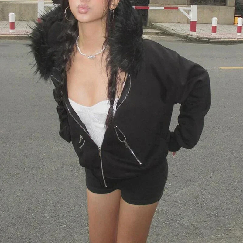 Vintage modne ženske majice s patentnim zatvaračem Ležerne majice s krznenim ovratnikom Chic Streetwear Estetski kardigani s džepovima