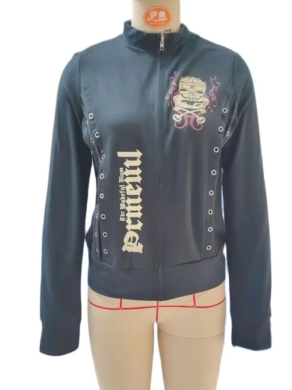 Hanorace cu cape și litere imprimate la modă pentru femei y2k Paltoane laterale cu craniu, ocazional, cu mânecă lungă, cu fermoar, Hanorac negru, subțire, de bază