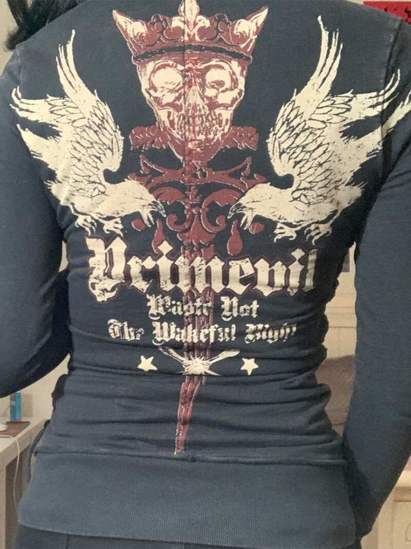 Hanorace cu cape și litere imprimate la modă pentru femei y2k Paltoane laterale cu craniu, ocazional, cu mânecă lungă, cu fermoar, Hanorac negru, subțire, de bază