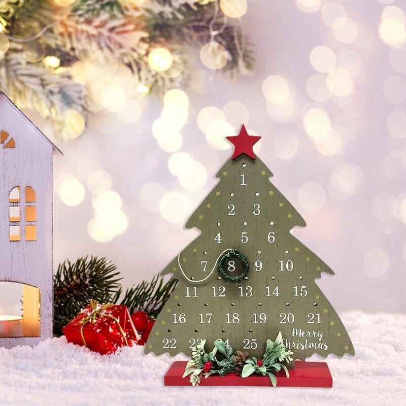 Vianočný odpočítavací kalendár, vianočný stromček, drevený adventný kalendár s vencom, stolová dekorácia na sviatky