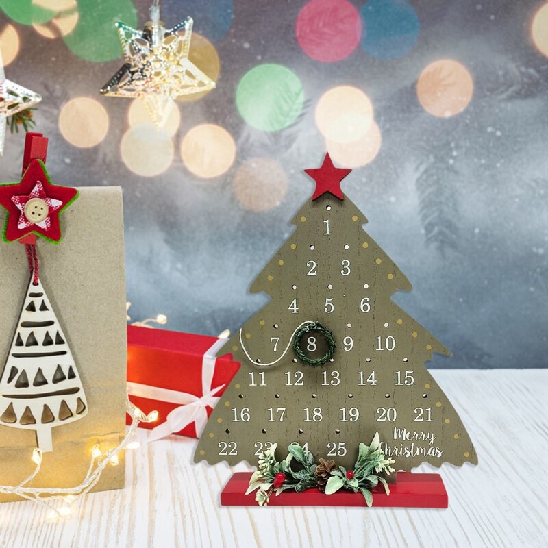 Vianočný odpočítavací kalendár, vianočný stromček, drevený adventný kalendár s vencom, stolová dekorácia na sviatky