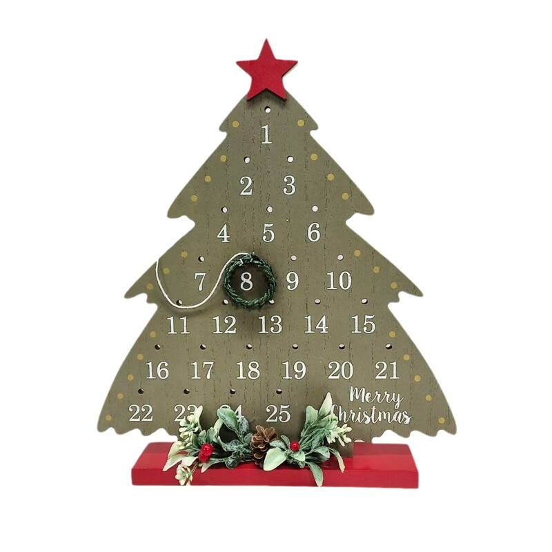 Vianočný odpočítavací kalendár, vianočný stromček, drevený adventný kalendár s vencom, stolová dekorácia na sviatky
