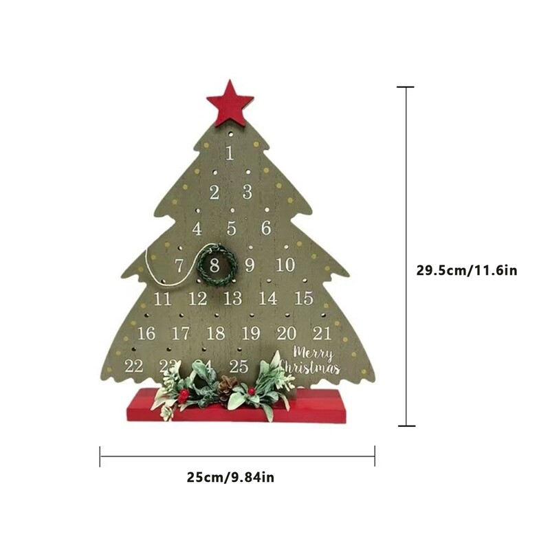 Vianočný odpočítavací kalendár, vianočný stromček, drevený adventný kalendár s vencom, stolová dekorácia na sviatky