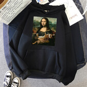 T-särgid Mona Lisa Kallistavad Kassi Kawaii Naiste Pusad Multikad Tasku Pullover Oversize Lahtine dressipluus Fliisist Pehme Hoodie Naine