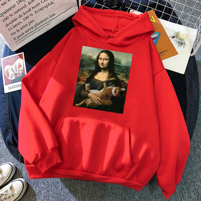 T-särgid Mona Lisa Kallistavad Kassi Kawaii Naiste Pusad Multikad Tasku Pullover Oversize Lahtine dressipluus Fliisist Pehme Hoodie Naine