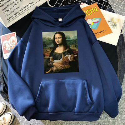 T-särgid Mona Lisa Kallistavad Kassi Kawaii Naiste Pusad Multikad Tasku Pullover Oversize Lahtine dressipluus Fliisist Pehme Hoodie Naine