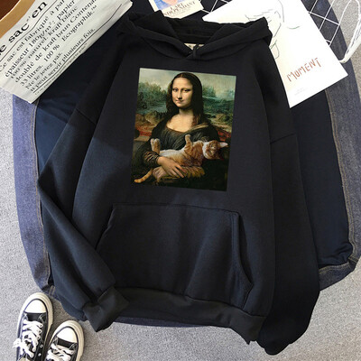 T-särgid Mona Lisa Kallistavad Kassi Kawaii Naiste Pusad Multikad Tasku Pullover Oversize Lahtine dressipluus Fliisist Pehme Hoodie Naine
