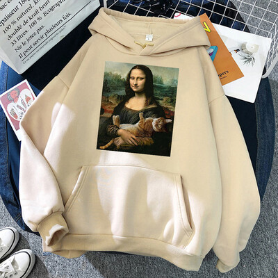 T-särgid Mona Lisa Kallistavad Kassi Kawaii Naiste Pusad Multikad Tasku Pullover Oversize Lahtine dressipluus Fliisist Pehme Hoodie Naine
