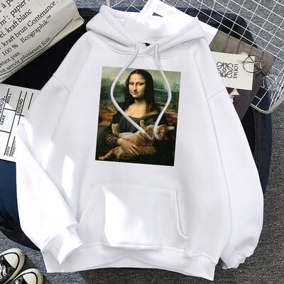 T-särgid Mona Lisa Kallistavad Kassi Kawaii Naiste Pusad Multikad Tasku Pullover Oversize Lahtine dressipluus Fliisist Pehme Hoodie Naine