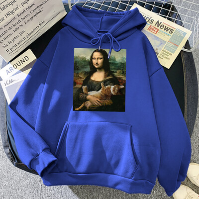 T-särgid Mona Lisa Kallistavad Kassi Kawaii Naiste Pusad Multikad Tasku Pullover Oversize Lahtine dressipluus Fliisist Pehme Hoodie Naine