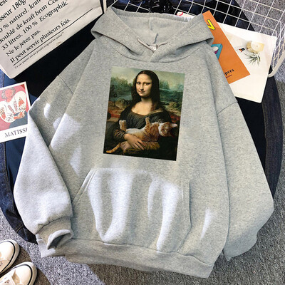 T-särgid Mona Lisa Kallistavad Kassi Kawaii Naiste Pusad Multikad Tasku Pullover Oversize Lahtine dressipluus Fliisist Pehme Hoodie Naine