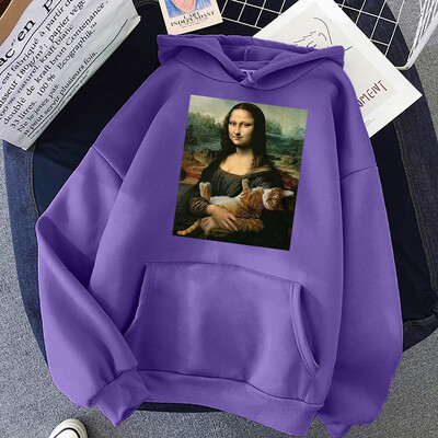 T-särgid Mona Lisa Kallistavad Kassi Kawaii Naiste Pusad Multikad Tasku Pullover Oversize Lahtine dressipluus Fliisist Pehme Hoodie Naine