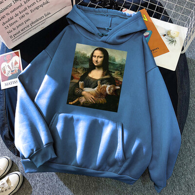 T-särgid Mona Lisa Kallistavad Kassi Kawaii Naiste Pusad Multikad Tasku Pullover Oversize Lahtine dressipluus Fliisist Pehme Hoodie Naine
