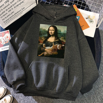 T-särgid Mona Lisa Kallistavad Kassi Kawaii Naiste Pusad Multikad Tasku Pullover Oversize Lahtine dressipluus Fliisist Pehme Hoodie Naine