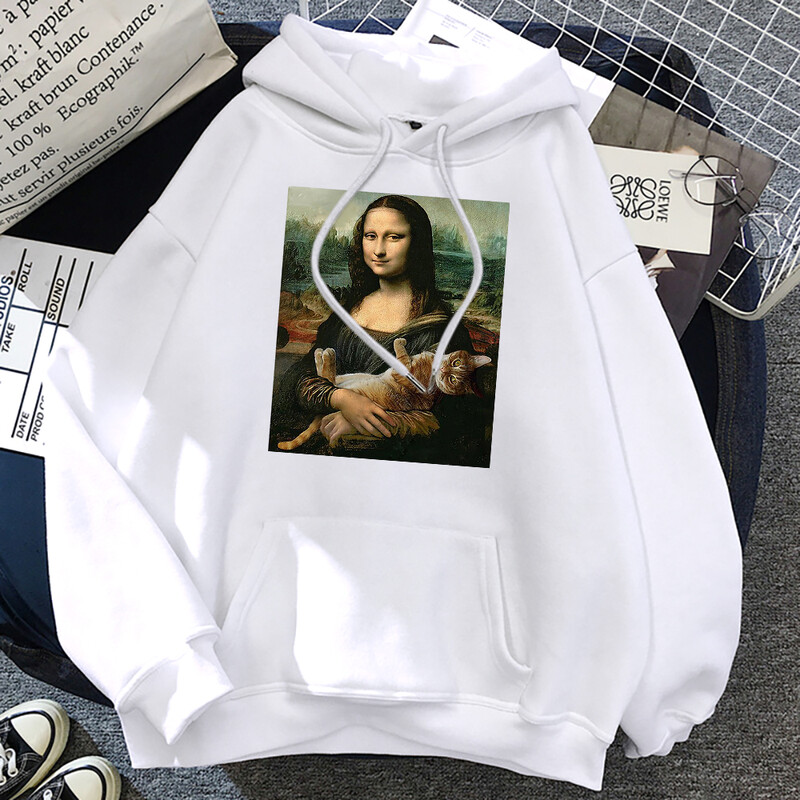 T krekli Mona Lisa Apskāviens Cat Kawaii Sieviešu Hoodies Karikatūra Kabatas Pulovers Liela izmēra brīvs džemperis Flīsa Mīksts Hoodie Sieviete