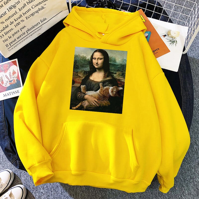 T krekli Mona Lisa Apskāviens Cat Kawaii Sieviešu Hoodies Karikatūra Kabatas Pulovers Liela izmēra brīvs džemperis Flīsa Mīksts Hoodie Sieviete