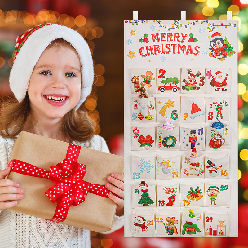 Auduma Ziemassvētku Adventes kalendārs Ziemassvētku sienas rotājums Atkārtoti lietojams Adventes kalendārs 2024. gadam ar 24 kabatām brīvdienu mājas dekorēšanai