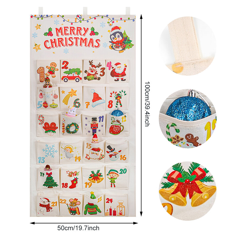 Auduma Ziemassvētku Adventes kalendārs Ziemassvētku sienas rotājums Atkārtoti lietojams Adventes kalendārs 2024. gadam ar 24 kabatām brīvdienu mājas dekorēšanai