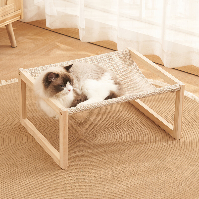 Hojdacia sieť pre mačky na podlahe, ležadlo pre mačky, drevený pelech pre mačky, odnímateľný a prateľný, vhodný pre všetky ročné obdobia, mačacie hniezdo