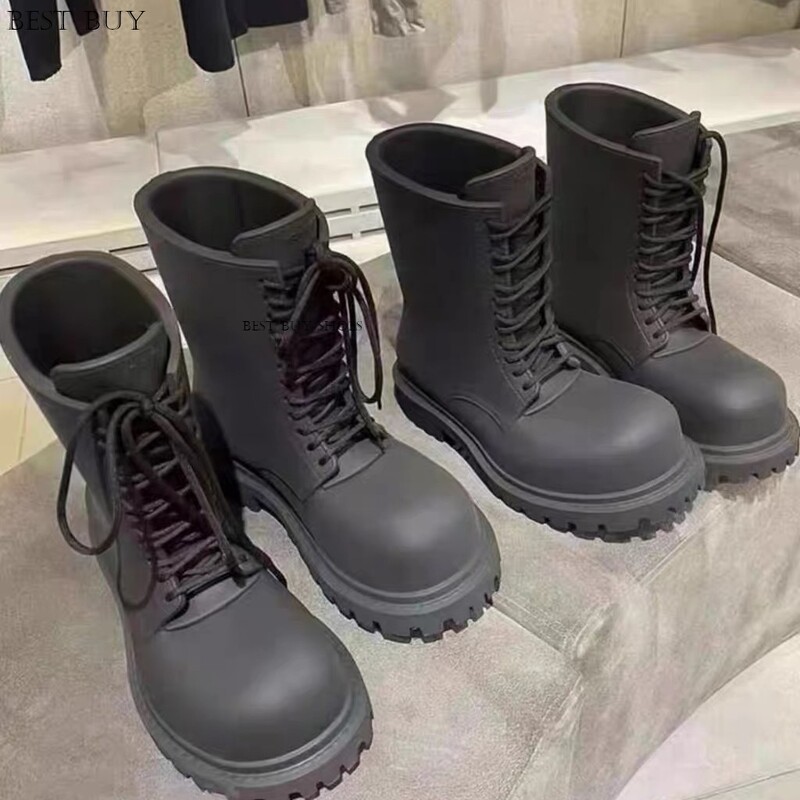 Piele neagră mată, cu vârf rotund, încrucișat cu șireturi, talpă groasă, cizme la jumătatea gambei, pentru bărbați, cu vârf înalt, în aer liber, cizme Chelsea scurte