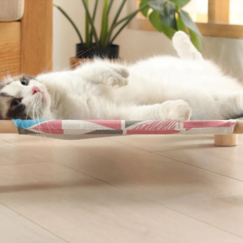 Zvýšená posteľ, plátenná posteľ pre mačky, hojdacia sieťka pre mačky z masívneho dreva, kempingová posteľ pre domáce zvieratá, mačací domček, prenosný odnímateľný, umývateľný, domáce potreby