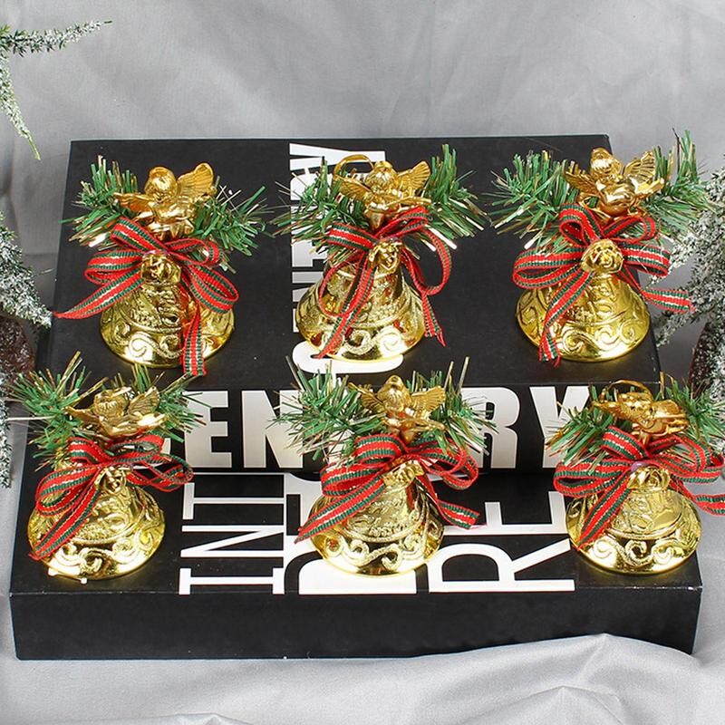 Dekoratīvie Ziemassvētku zvani 6Gb Ziemassvētku eglītes piekaramie dekori Zelta zvana kulons Mazā eņģeļa dizaina zvana svētku dekoru piederumi